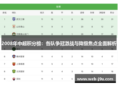 2008年中超积分榜：各队争冠激战与降级焦点全面解析